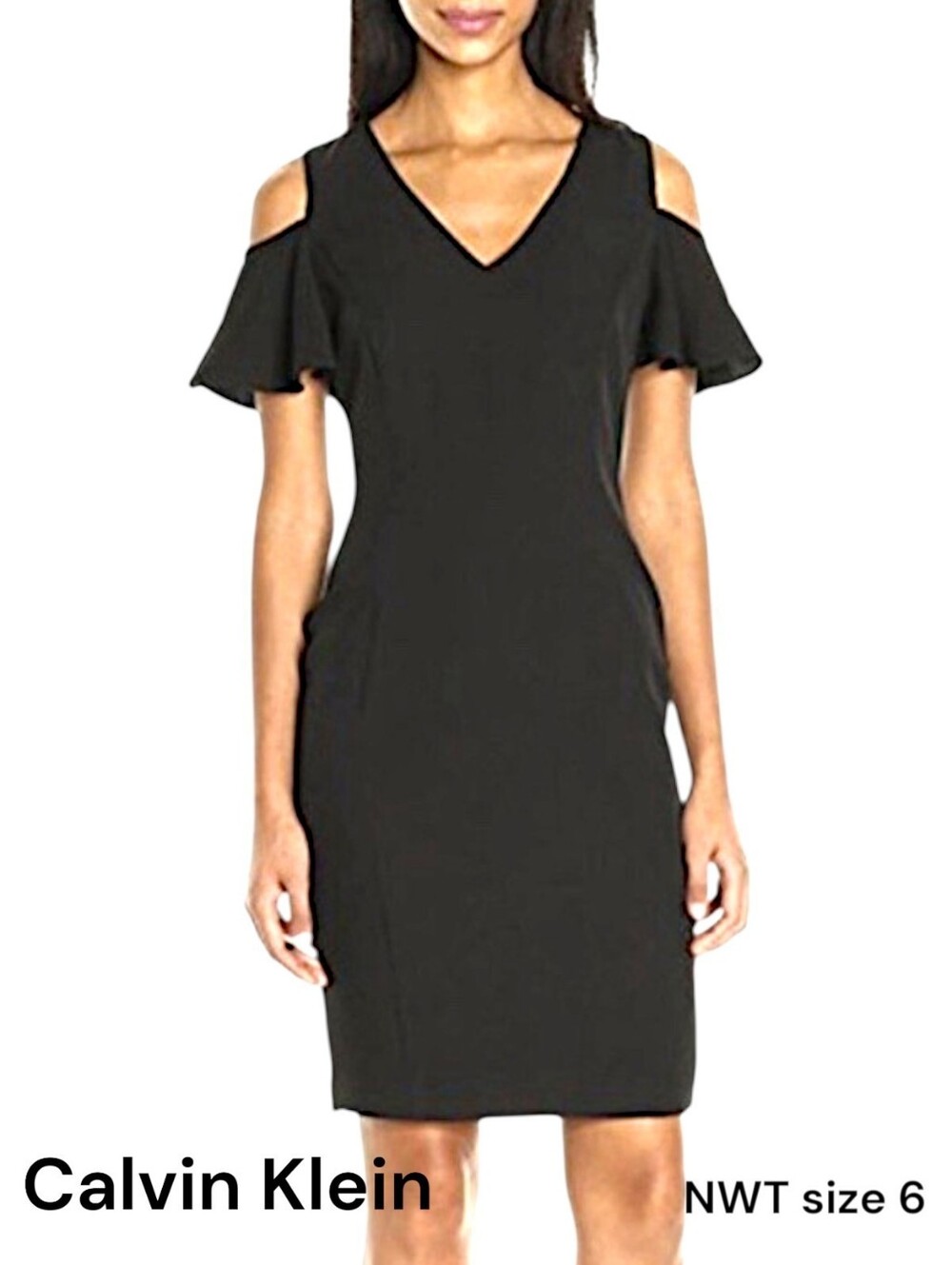 Calvin Klein Size 6 Black V-Neck Cold Shoulder Midi Classic Sheath Dress NWT